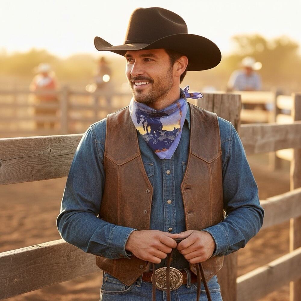 Hav-A-Hank 21 in Blue Brown SW Cowboy Horse Cacti Poly Cotton Bandana 15187 USA